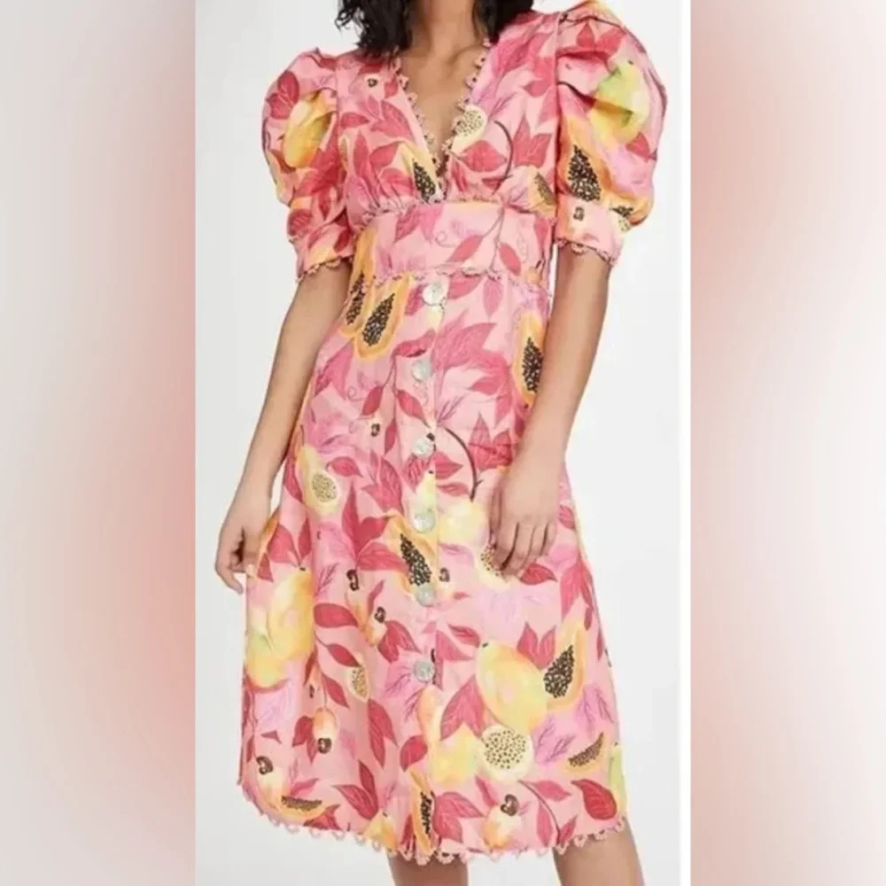 NWT FARM Rio Pink Linen Dress with Fruit Motif - Picture 1 of 8